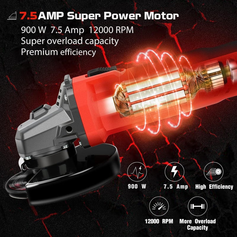 SHALL 7.5Amp 4-1/2 Inch 12000 RPM Angle Grinder with 2 Guards, 3 Cutting Wheels, 3 Discs, Non-Slip Handle and Carbon Brush for Metal and Wood - Image 2